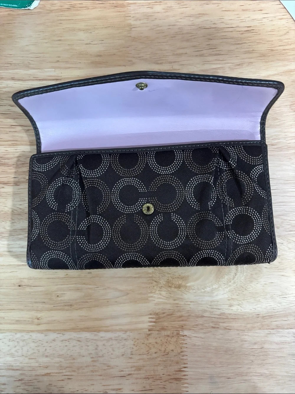 Coach Dark Brown Signature Circle Pattern Continental Wallet with check book